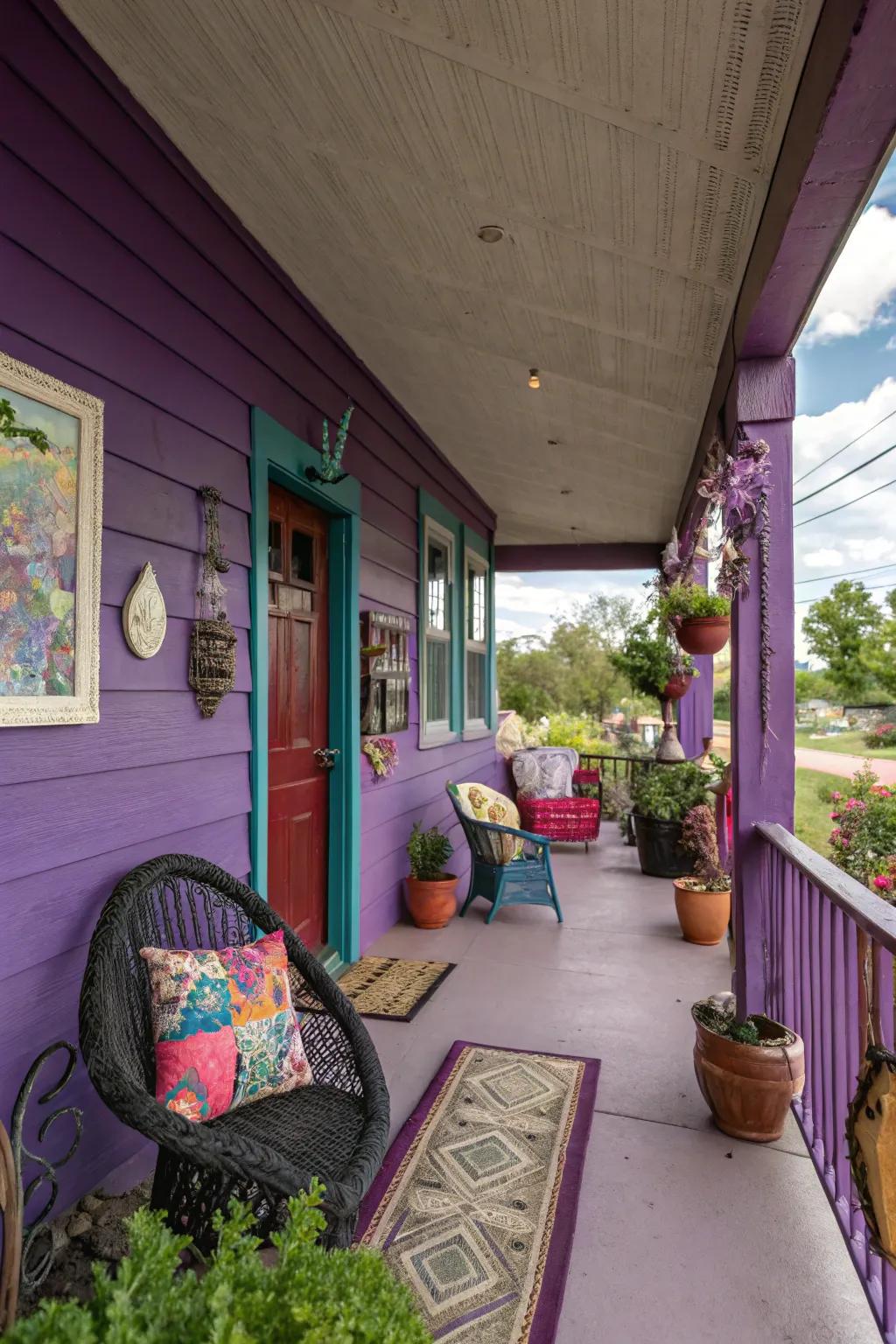 A bold purple porch that exudes creativity and elegance.