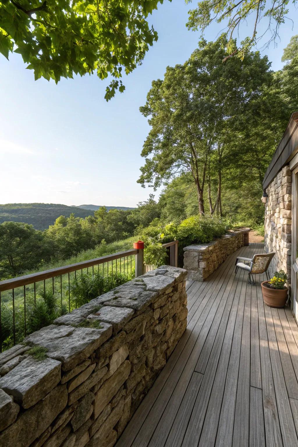 A rustic stone wall adds privacy and charm to a deck.