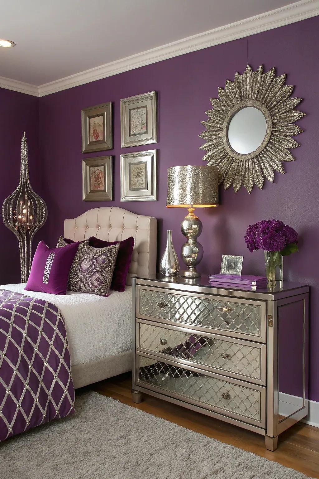 Sophisticated metallics adding glamor to purple walls.