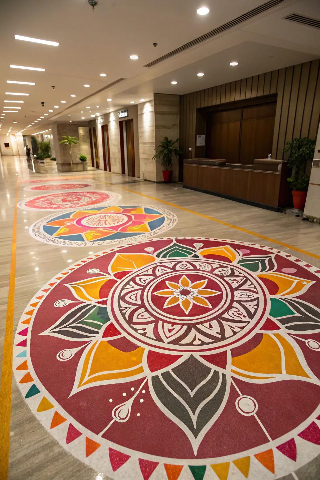 Abstract art gives this rangoli a modern and artistic flair.