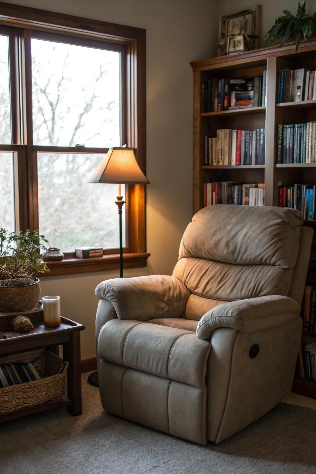 A cozy reading nook with a recliner sofa and a well-stocked bookcase.