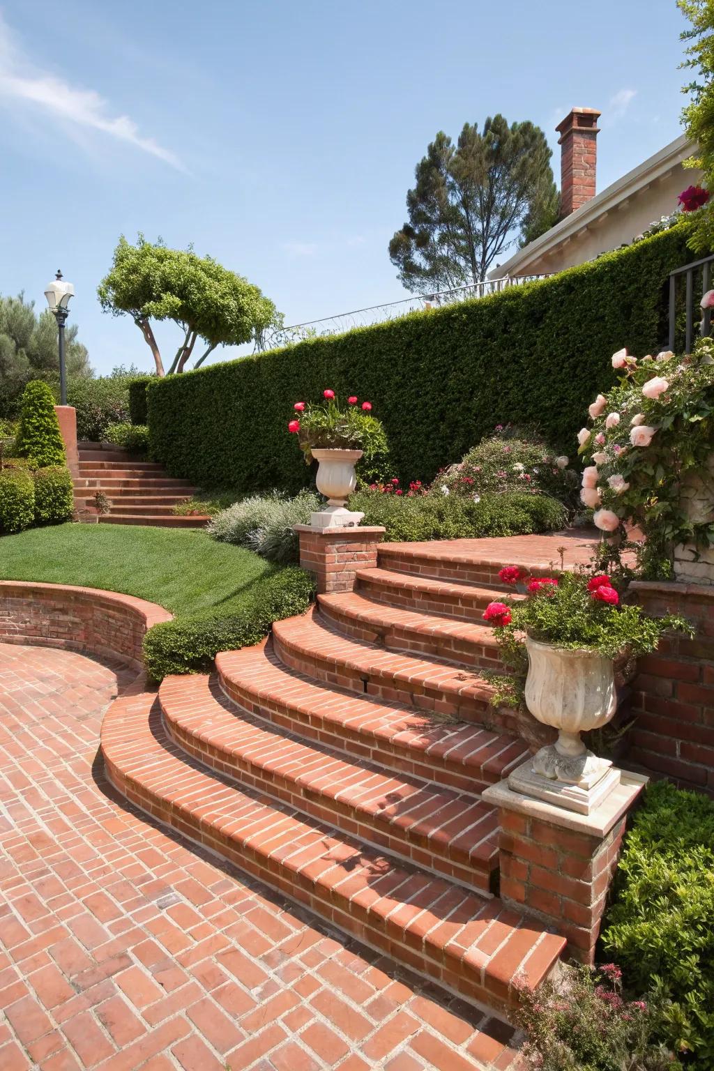 A red brick patio featuring graceful steps for added dimension