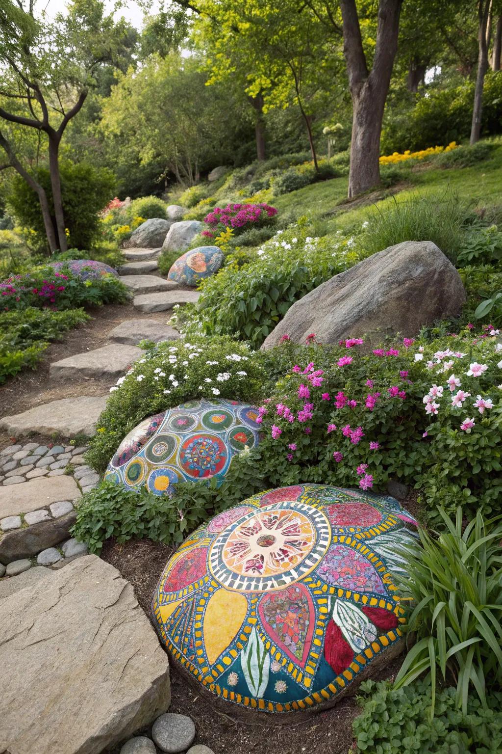 Rock mosaics provide a vibrant and artistic touch to the landscape.