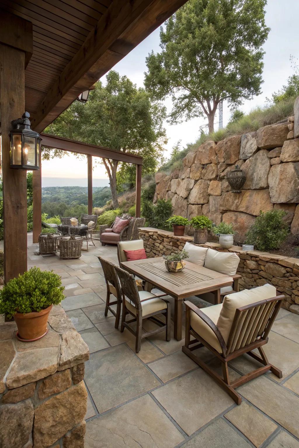 Expand patio space with rock walls for seamless outdoor living.