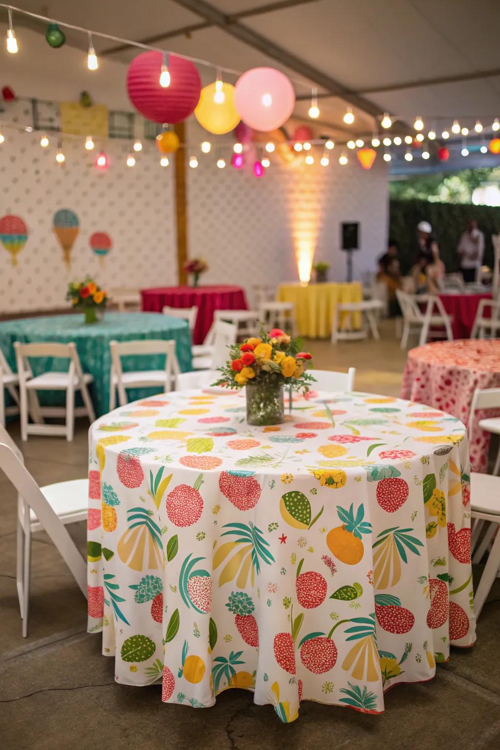 Playful patterned cloth adding charm to a wedding.