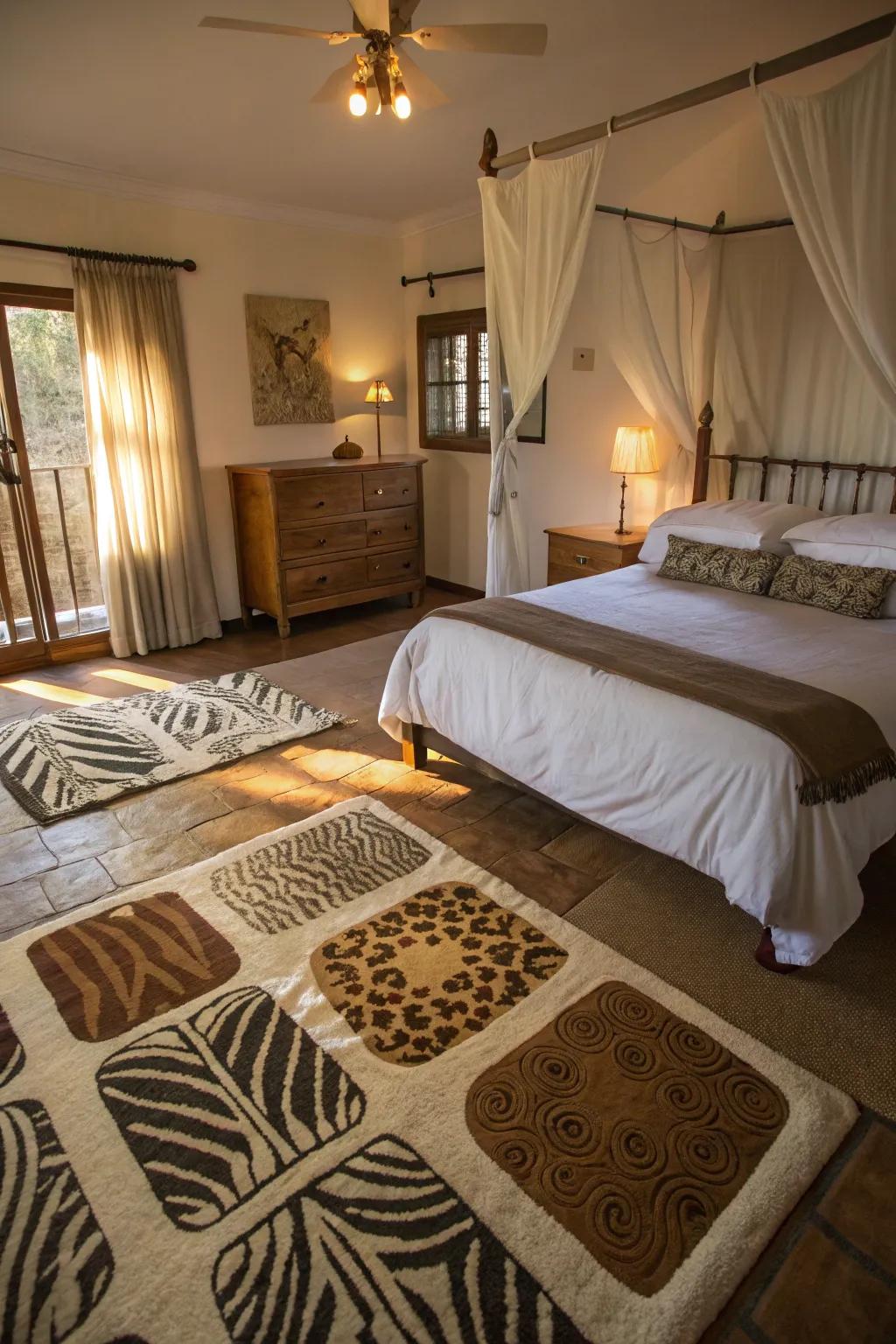 Safari-inspired rugs anchor and unify the room's design.