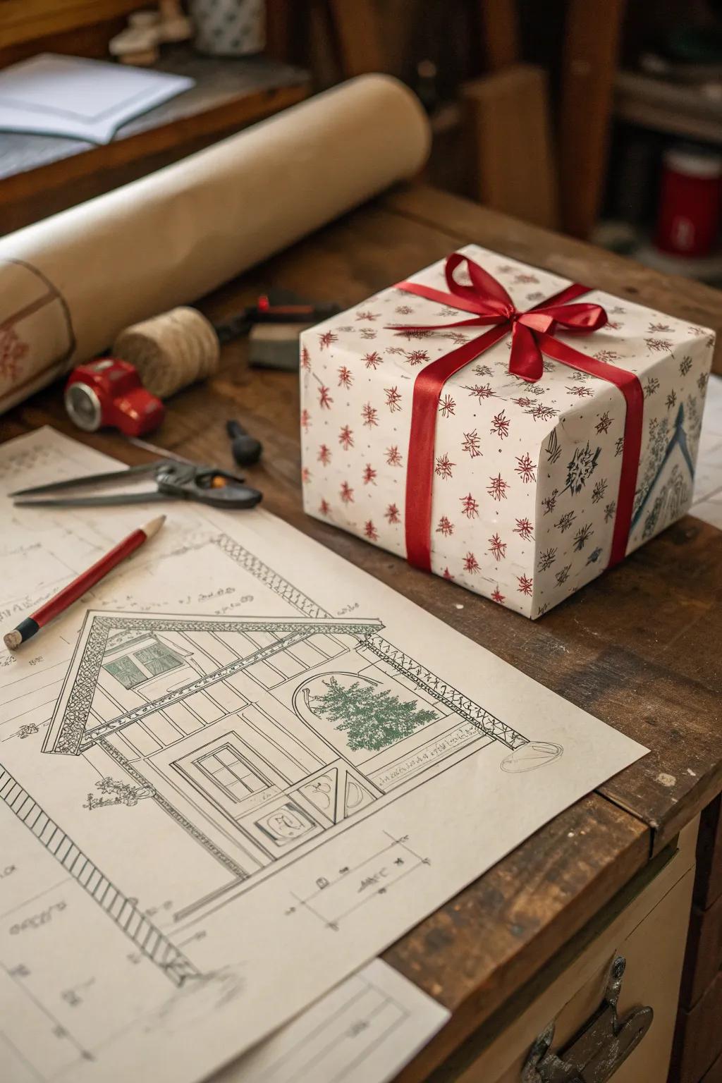 Blueprint designs bring Santa's workshop to life on a box.