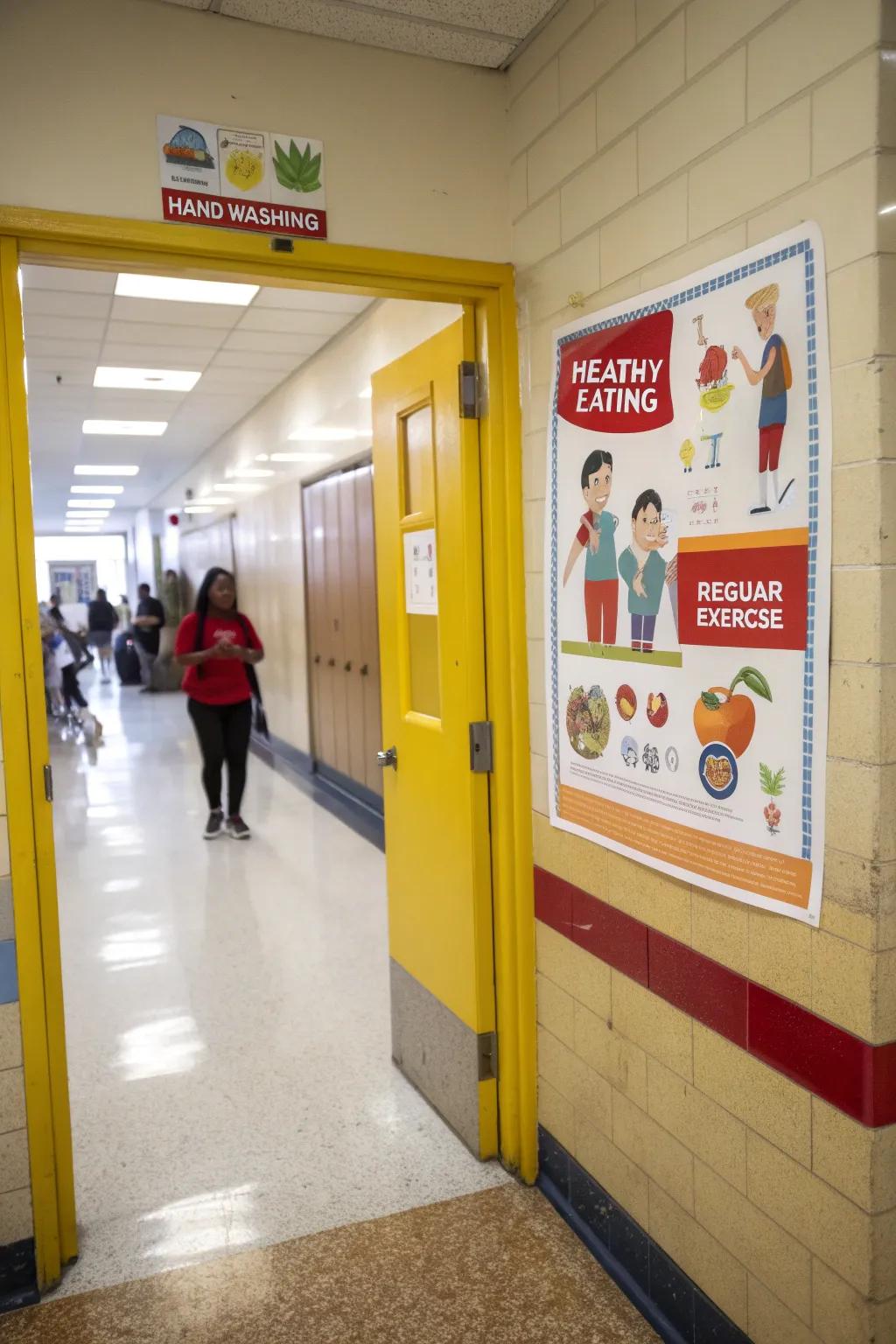 A health-focused school nurse door promoting healthy habits.