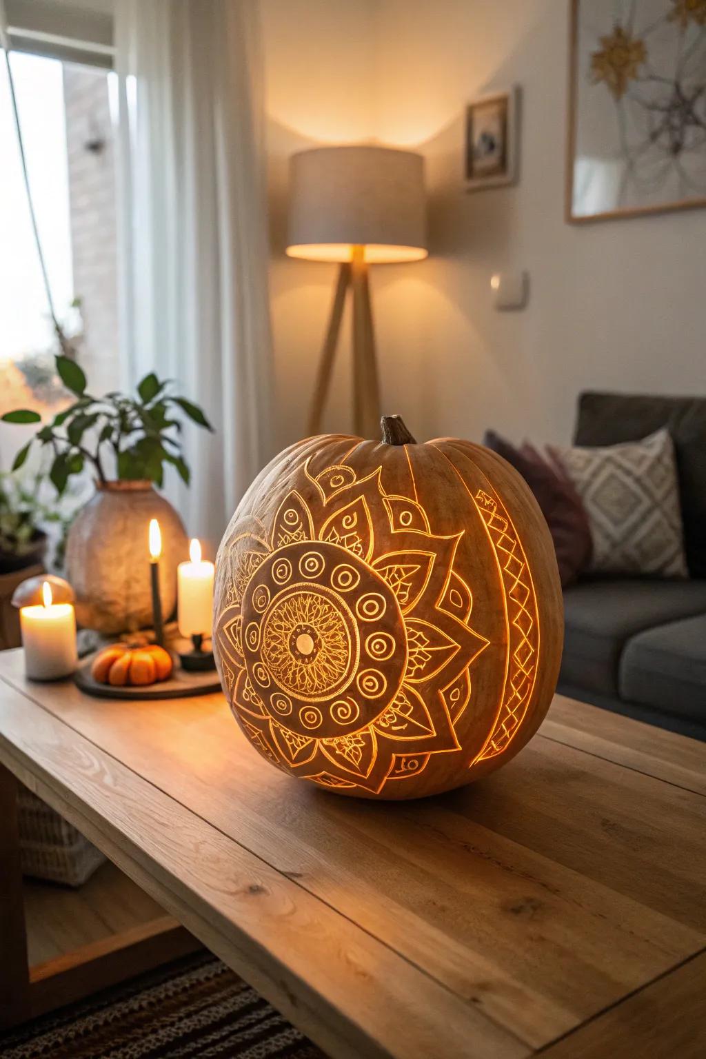 A mystical mandala carved into a pumpkin, offering peace and beauty.