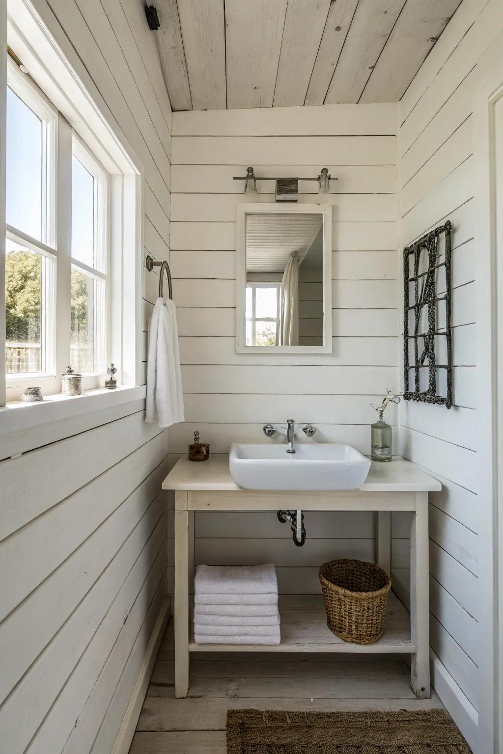 A minimalist bathroom with white board and batten for a serene look.