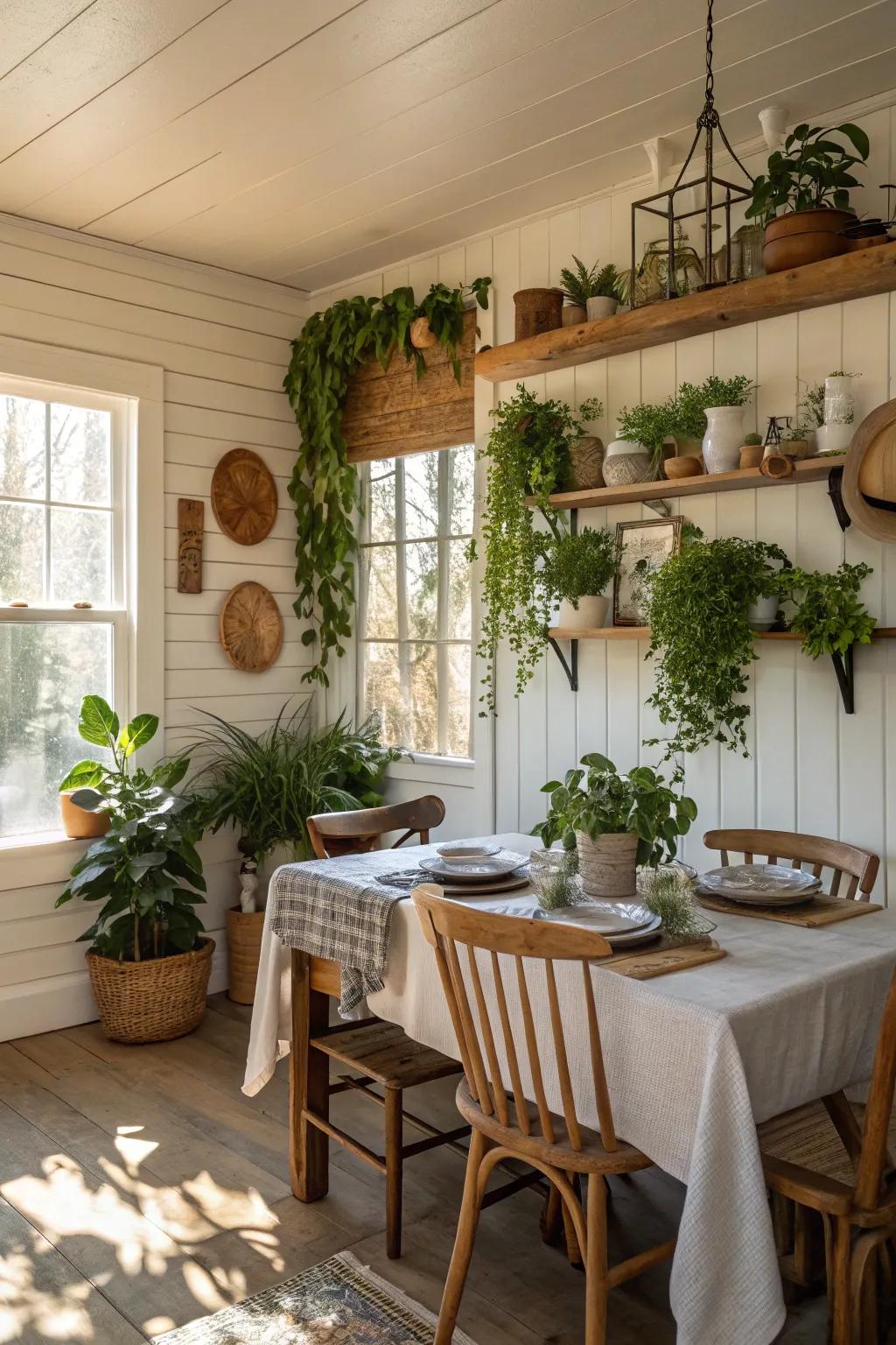 A dining room brimming with natural elements and shiplap walls.