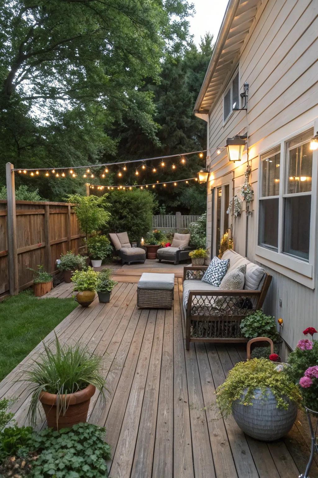 A wooden deck invites relaxation and conversation in your side yard.