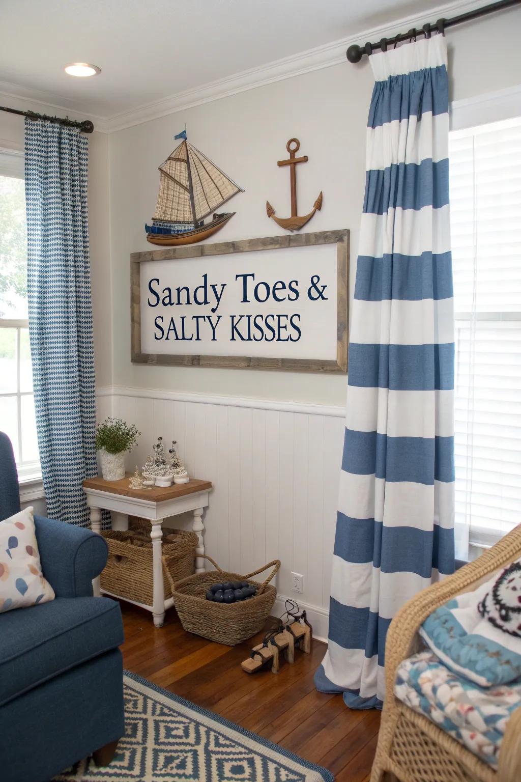 A living room with nautical decor and a 'Sandy Toes & Salty Kisses' beach sign.