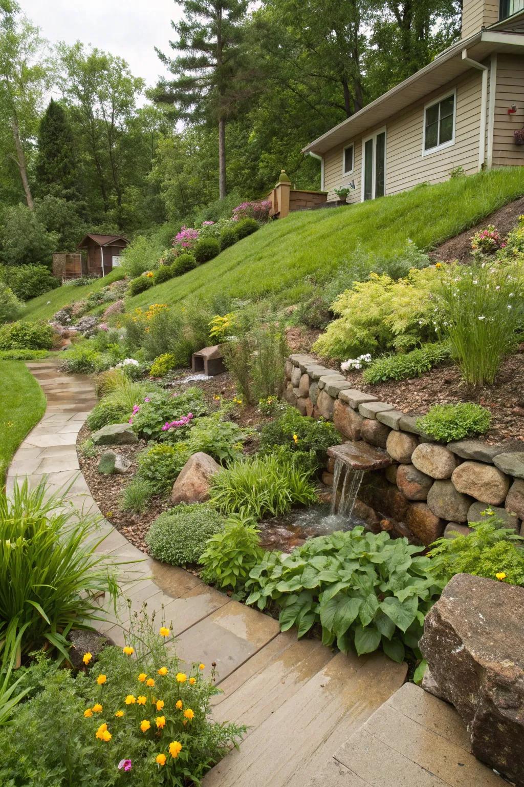 A rain garden transforms this slope into a sustainable feature.