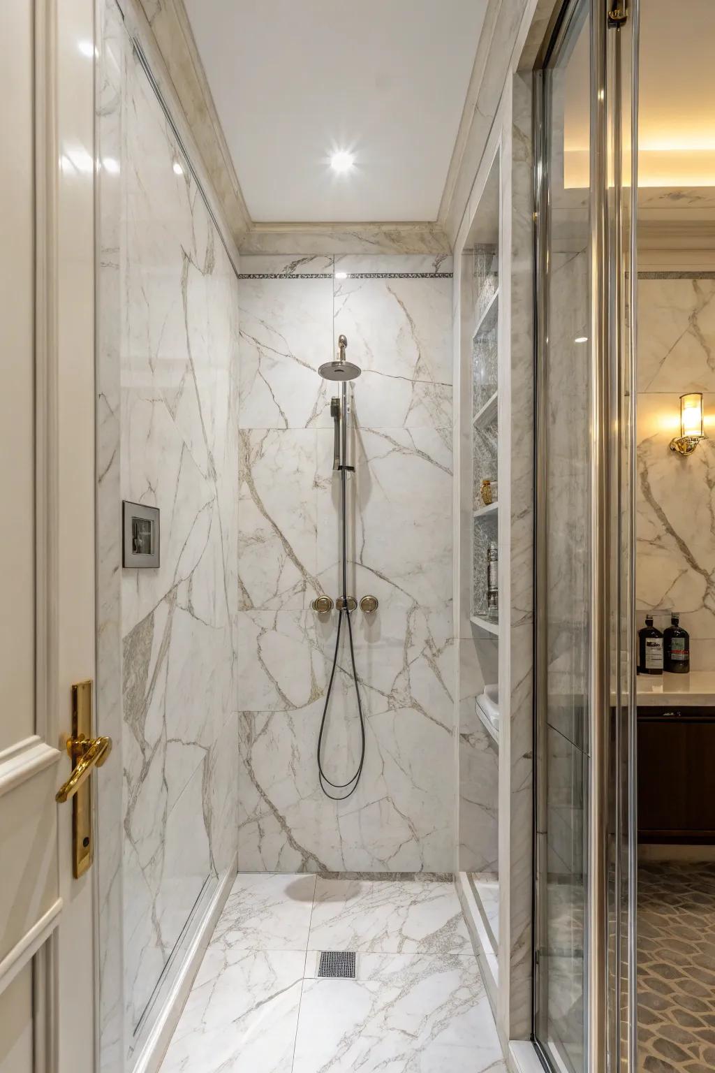 Marble tiles proffer classic allure and opulence.