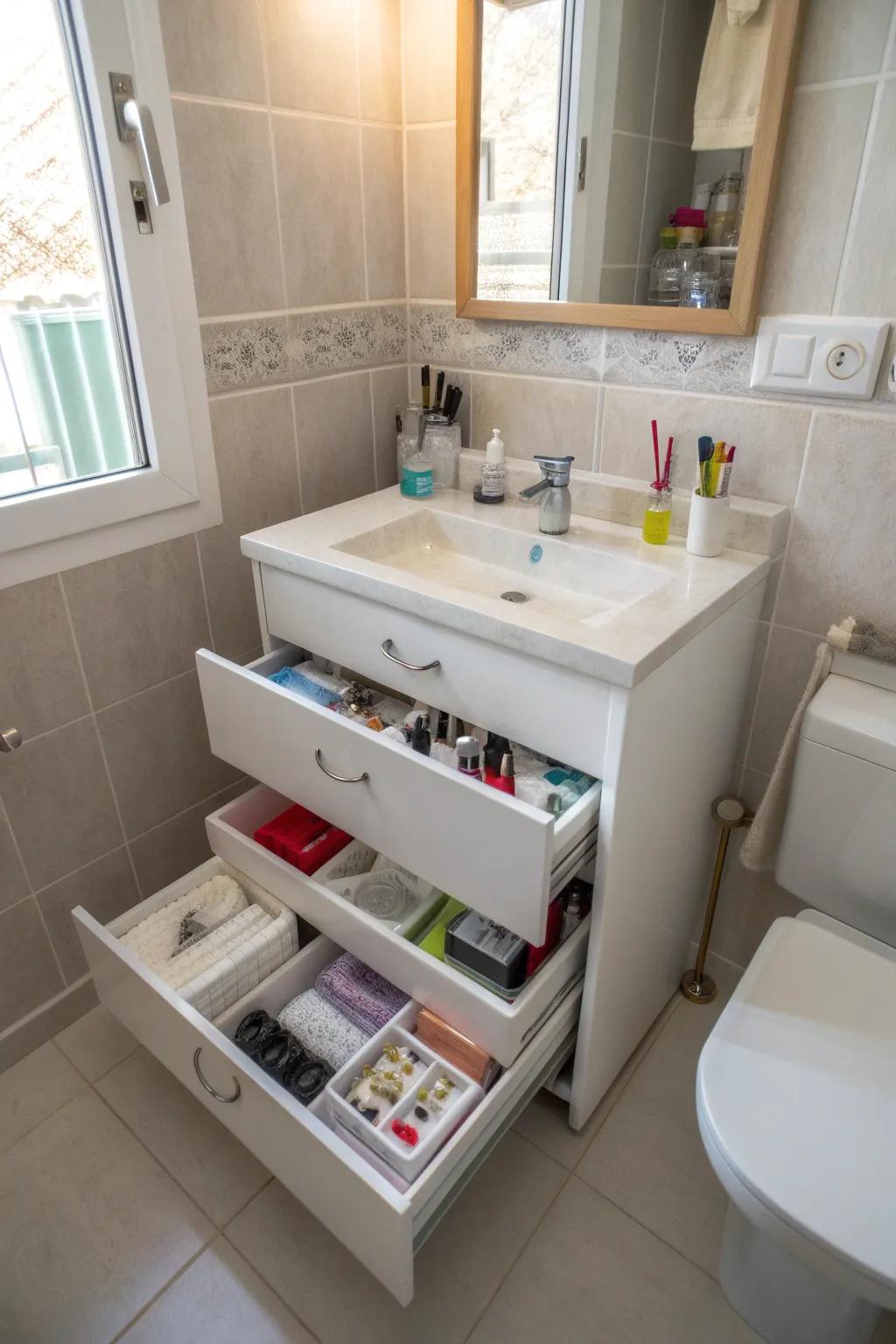 Pull-out drawers that enhance organization and accessibility in a small bathroom vanity.