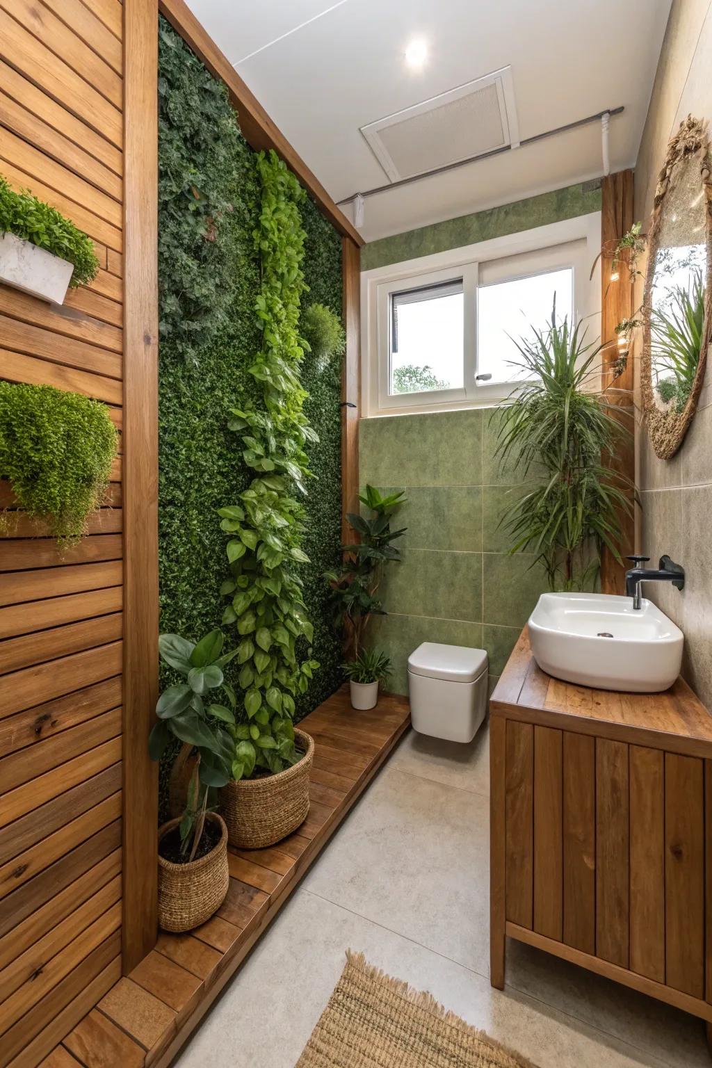 Verdant wall segments in a compact bathroom, infusing innate freshness and vitality.