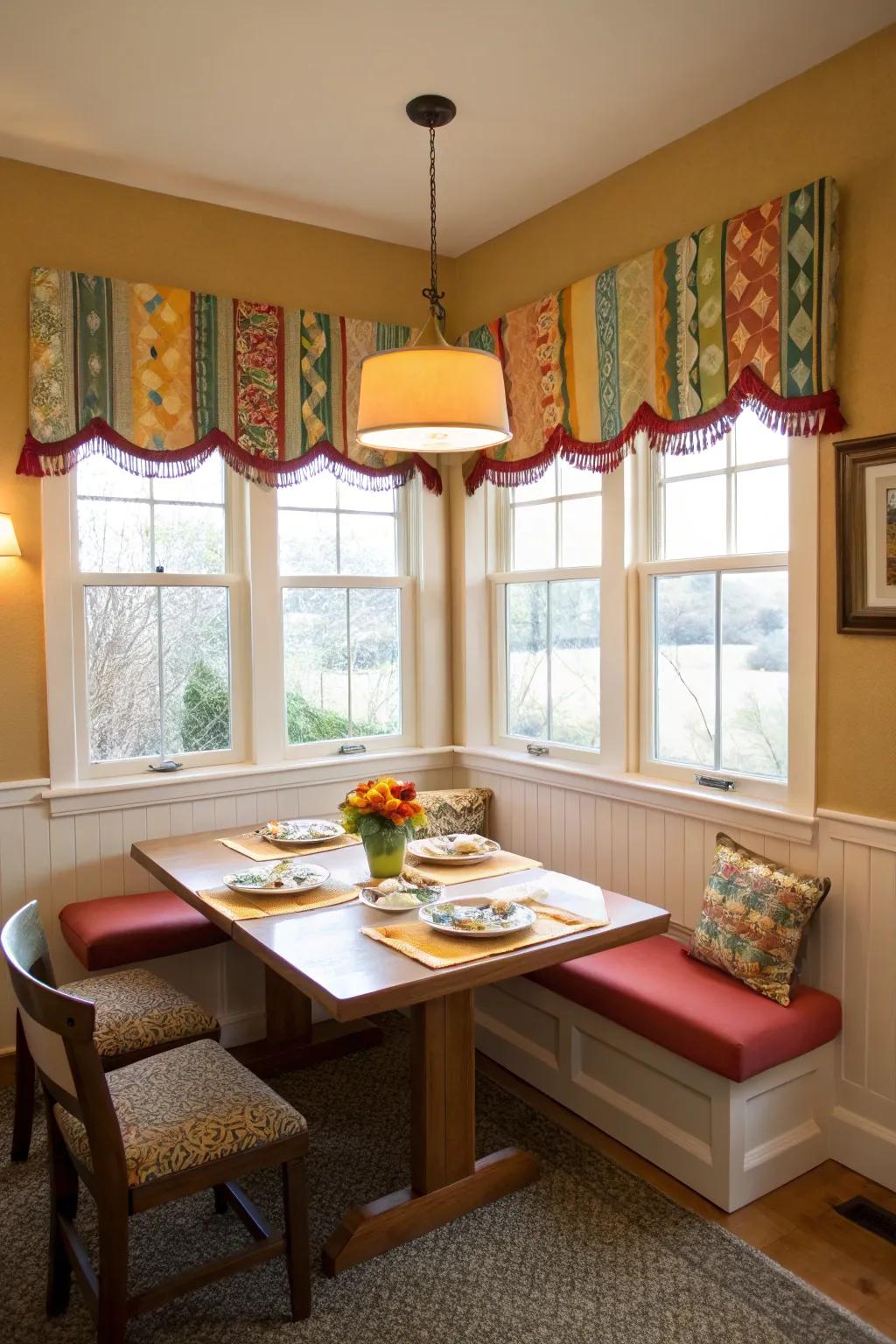 Colorful cornices add a playful and stylish finish to the window.