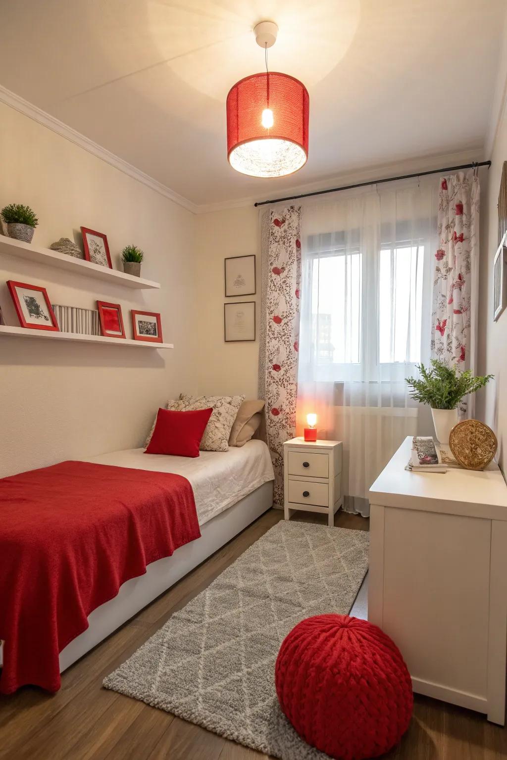 Small accessories in red provide a color pop in a modern small bedroom.