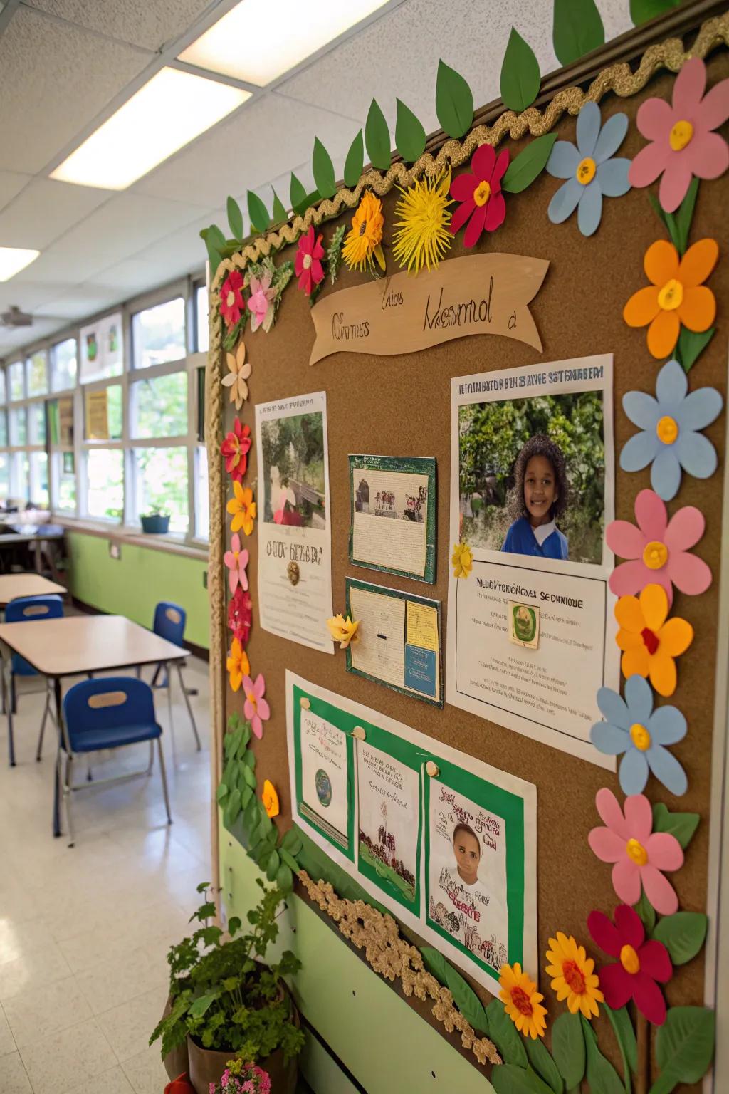 A garden-themed bulletin board celebrating student progress and success.