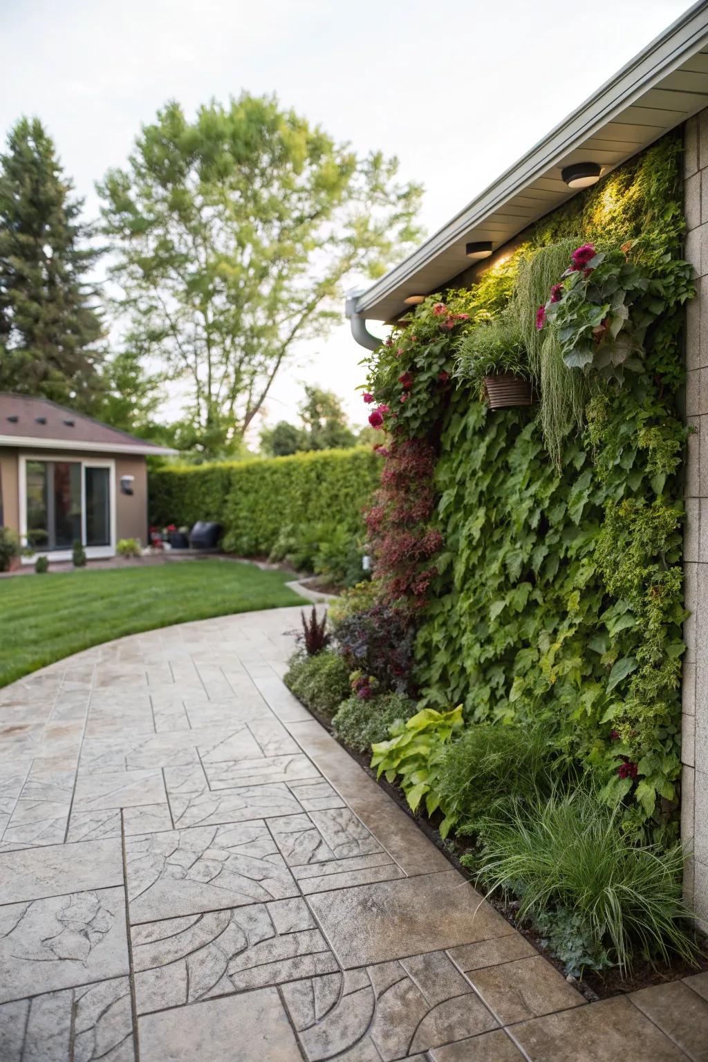 A vertical garden wall adds greenery and interest to the patio.