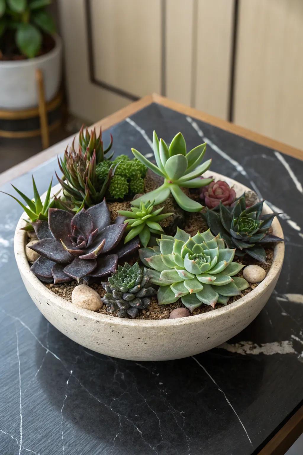 A dramatic succulent garden with contrasting colors.
