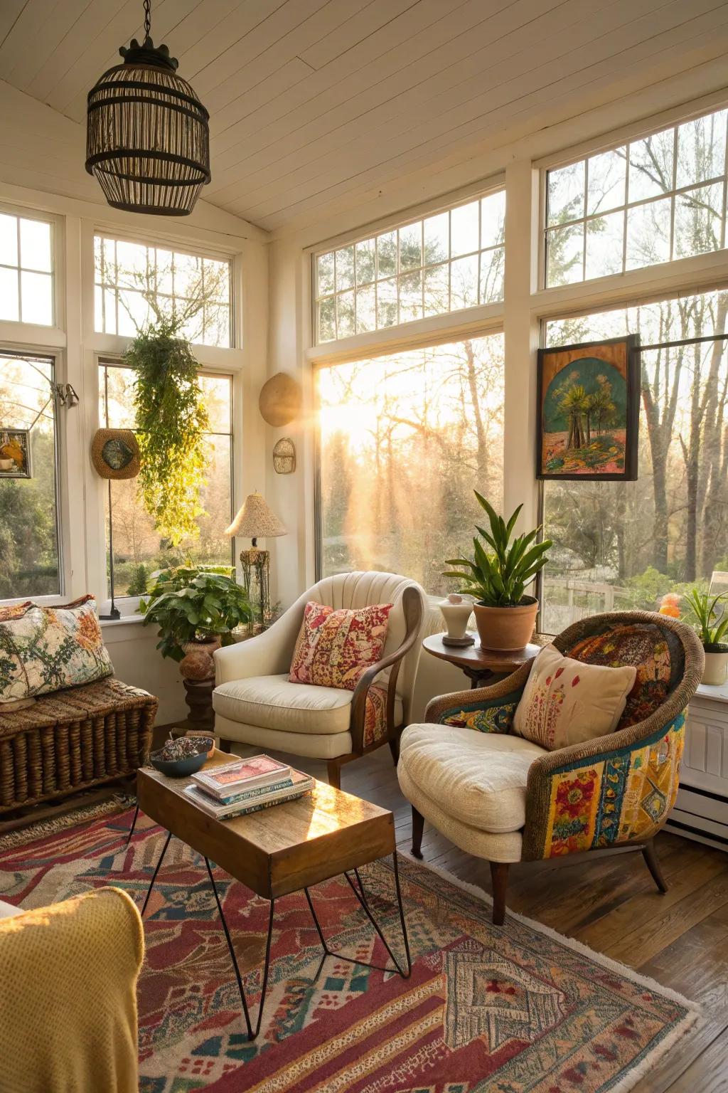 An eclectic mix of styles gives the sunroom a unique character.