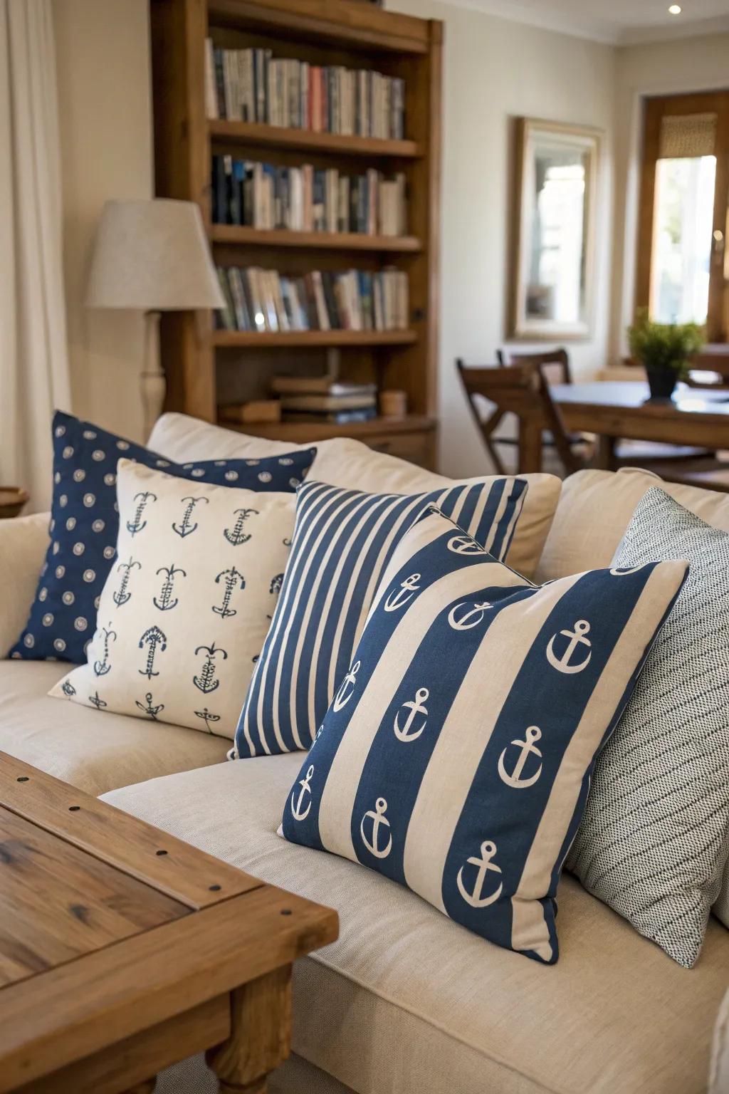 A cohesive and stylish maritime theme achieved through themed accent pillows.