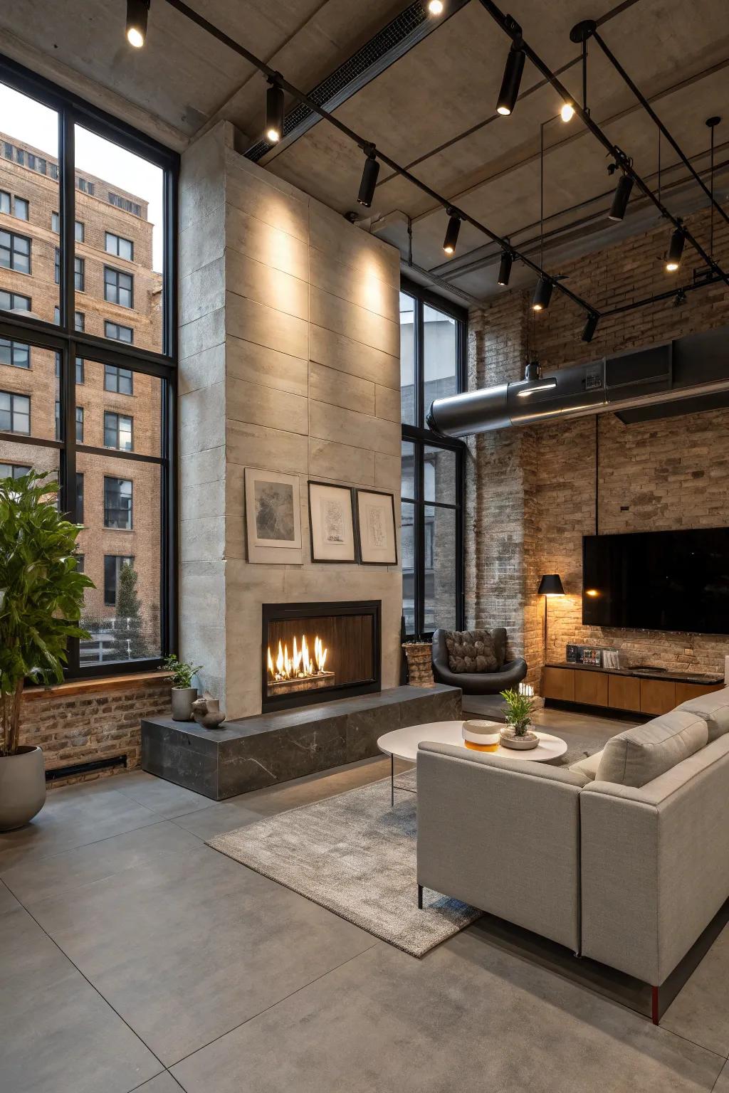 Concrete-look cladding adds an industrial edge to this bold fireplace.