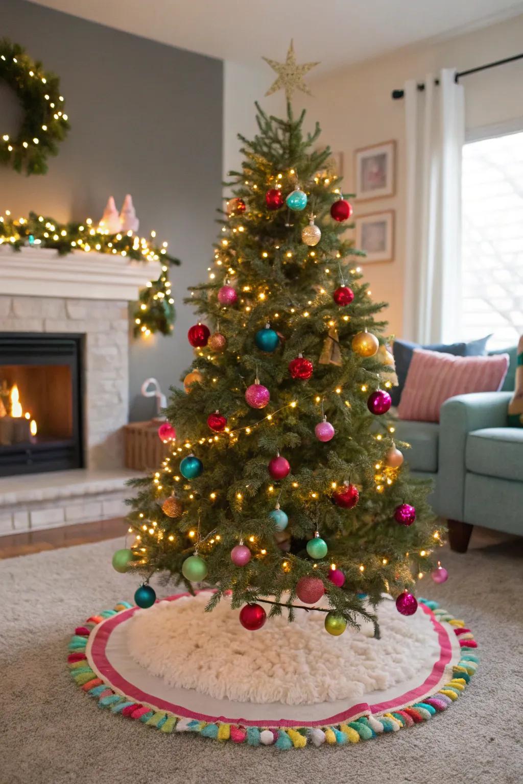 Pom-poms add a touch of fun and festivity to your tree base.