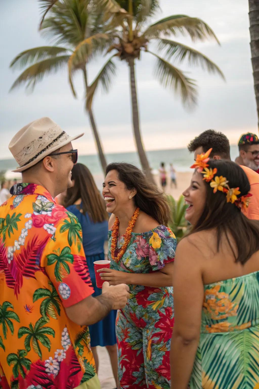 Tropical attire enhances the festivity's ambiance.