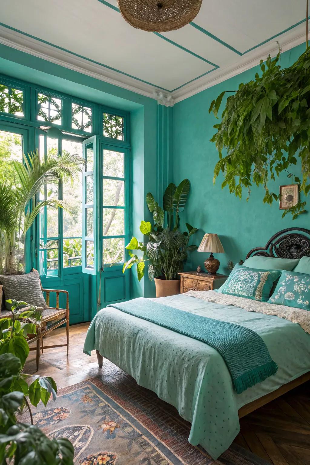 The combination of turquoise and greenery brings a lush, vibrant feel to this bedroom.