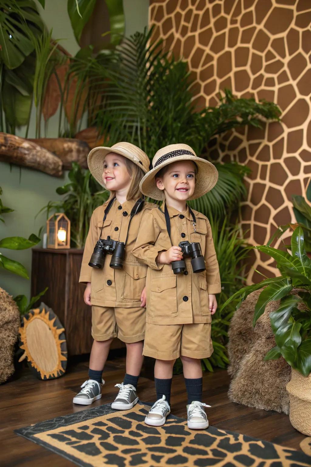 Ready to explore: twins as safari explorers.