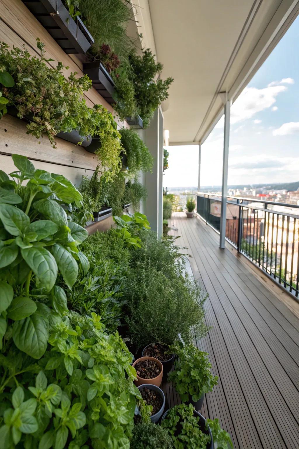 A thriving vertical herb garden under the deck, perfect for fresh culinary flavors.