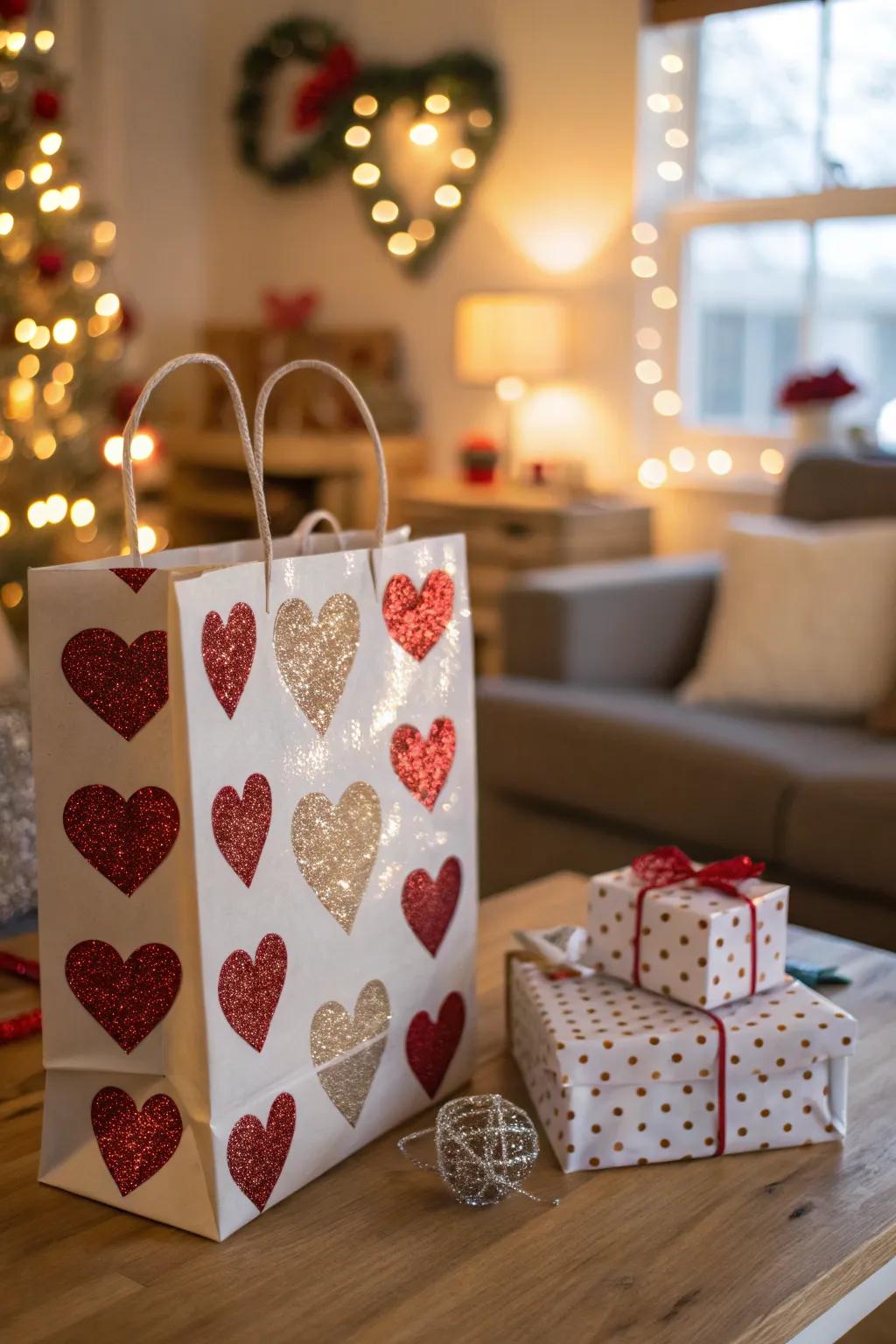 Sparkling Valentine's bag with glitter accents.