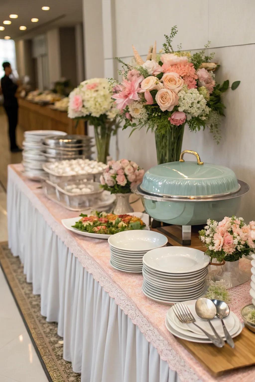 Buffet-style elegance encourages mingling and conversation.