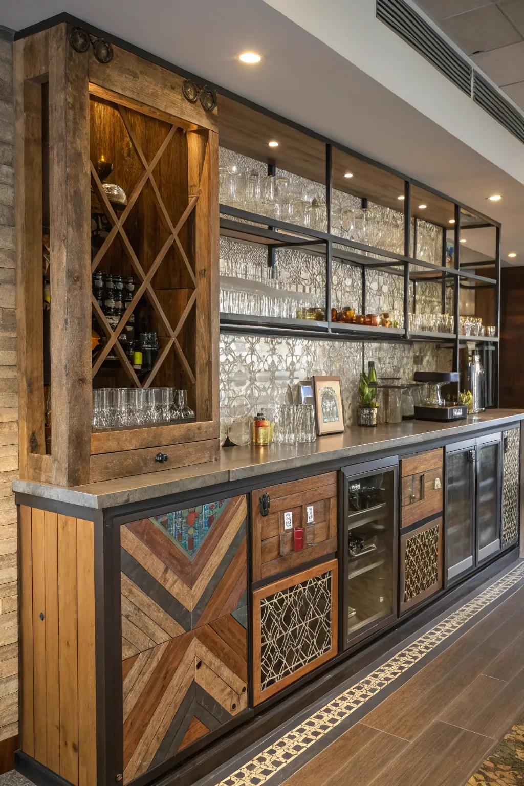 An eclectic mix of textures and materials creates a unique and inviting wall bar.