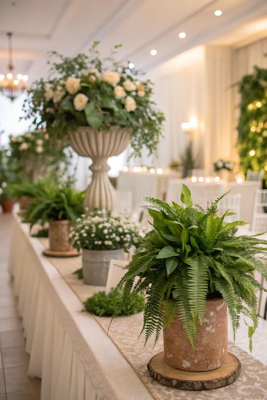 Potted plants bring life and sustainability to wedding decor.