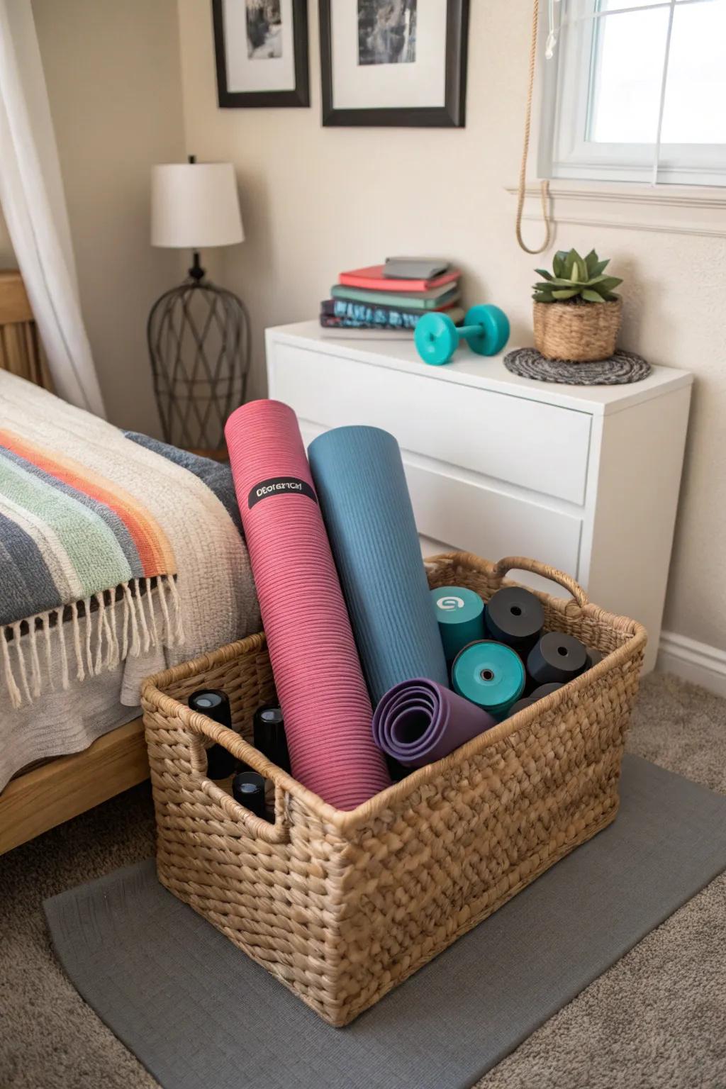 A basket for workout gear keeps your fitness essentials organized and ready.