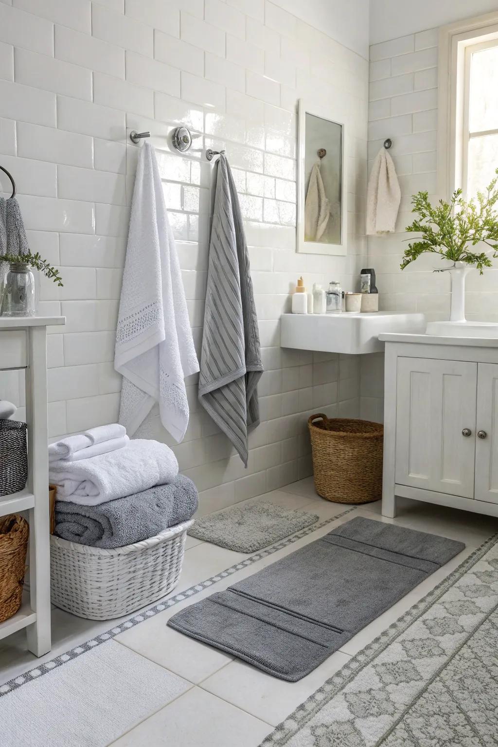 Monochromatic accents add subtle texture to this white bathroom.