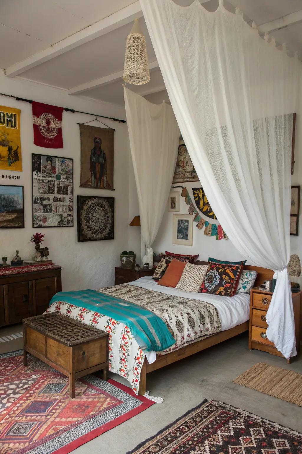 White curtains serve as a versatile backdrop for eclectic decor.
