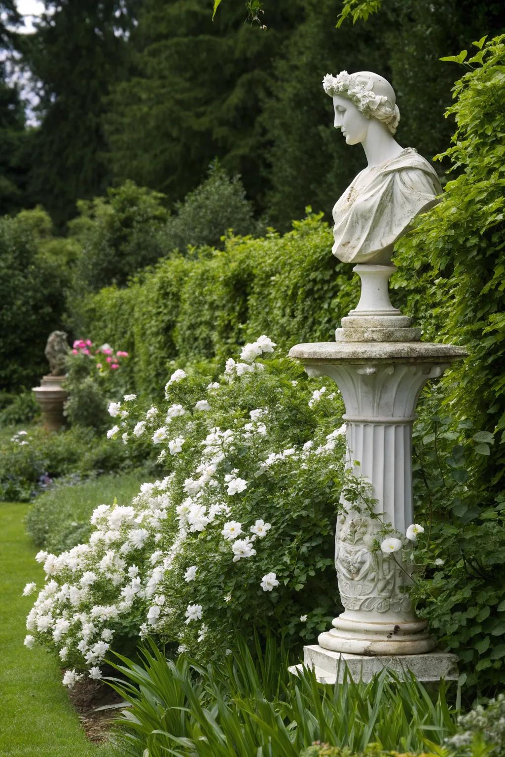 White garden art pieces introduce unique visual interest to the garden.