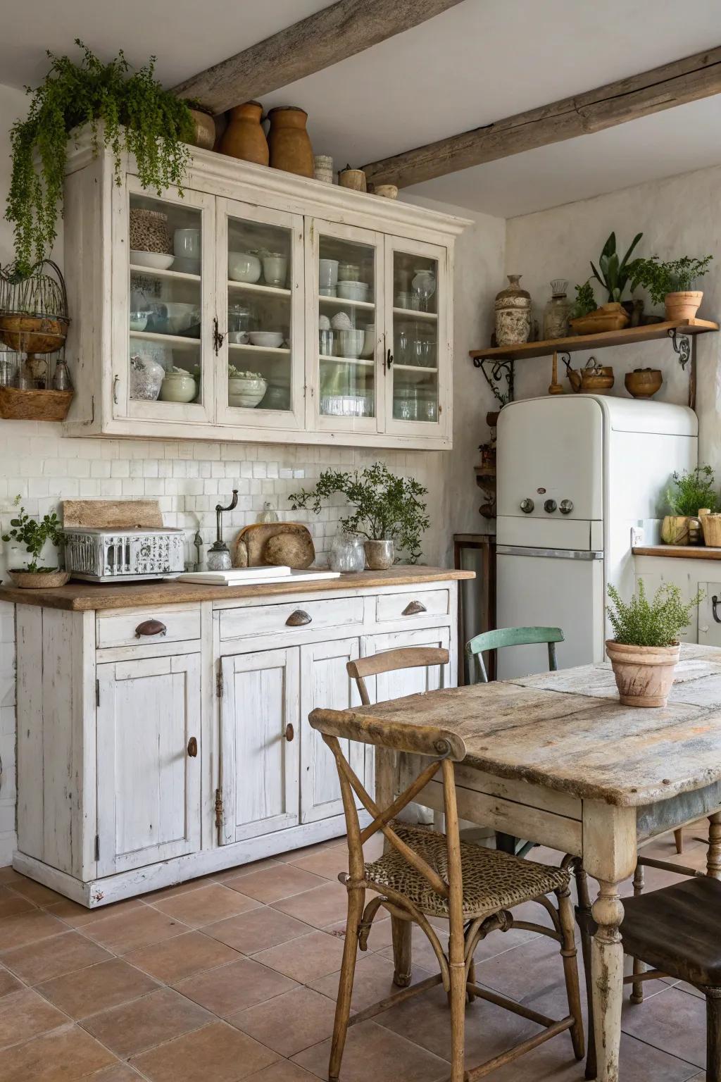 Rustic charm in distressed white cabinets adds warmth.