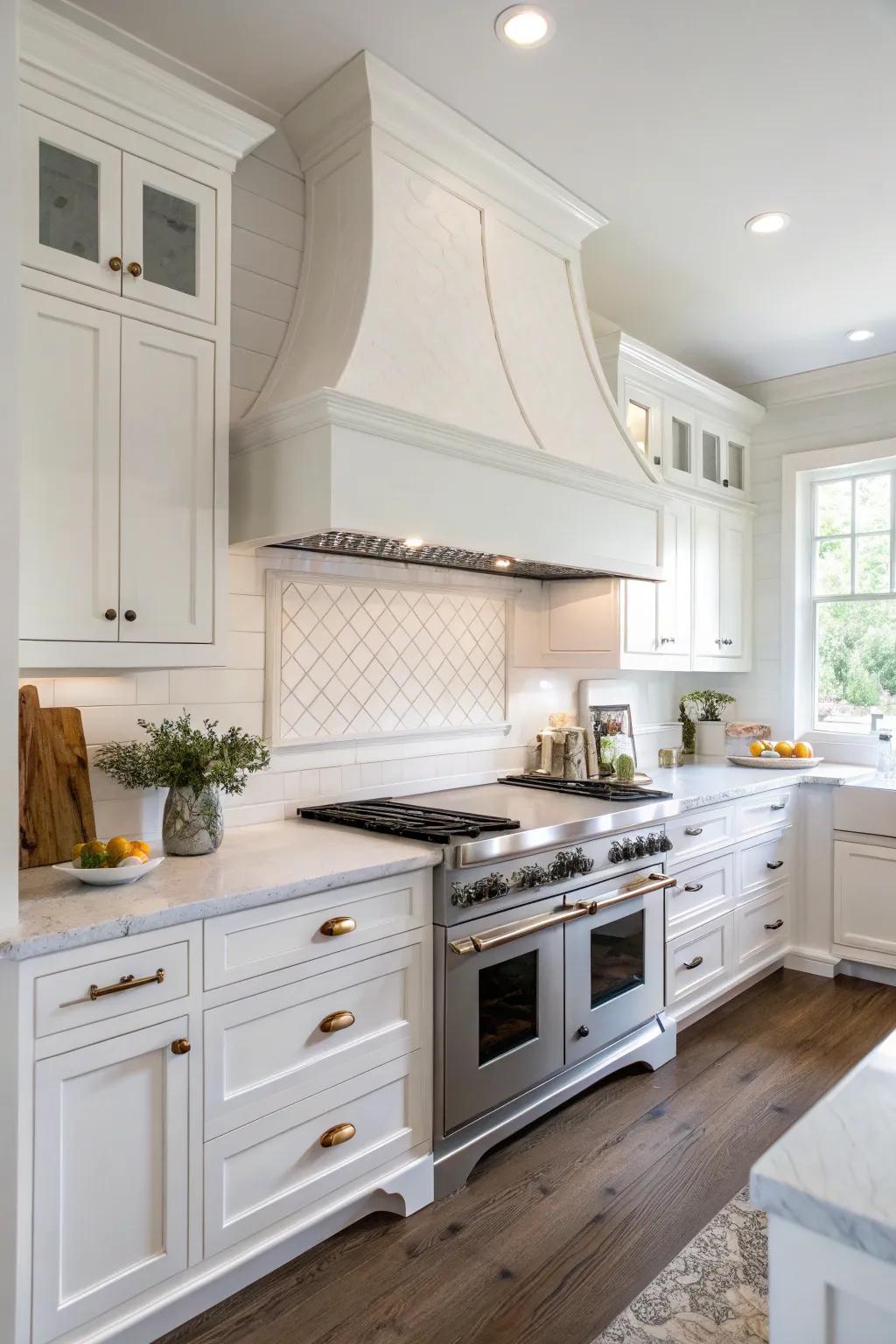A statement hood serves as a centerpiece in the white kitchen.