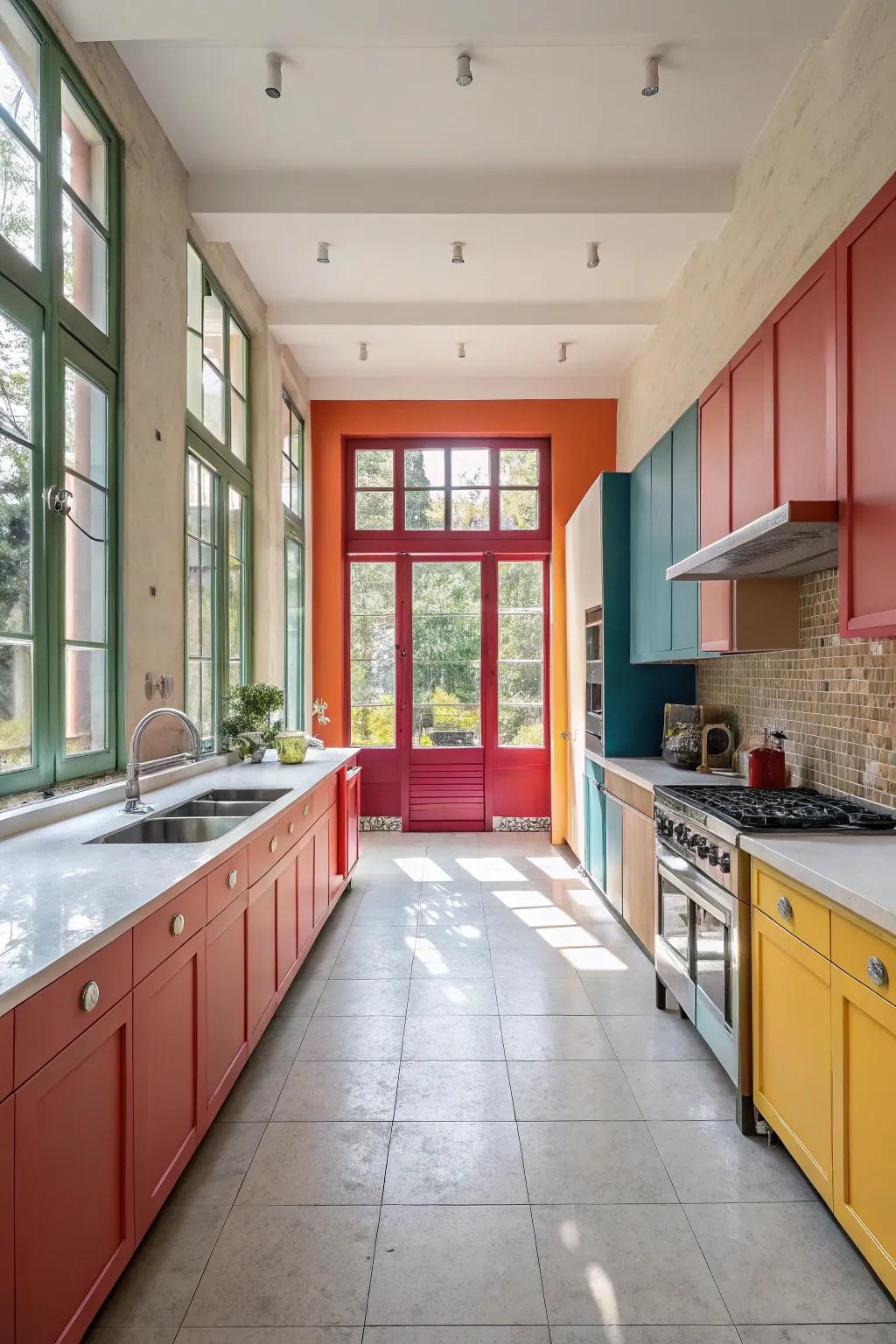 Bold colors creating a lively atmosphere in a wide galley kitchen.