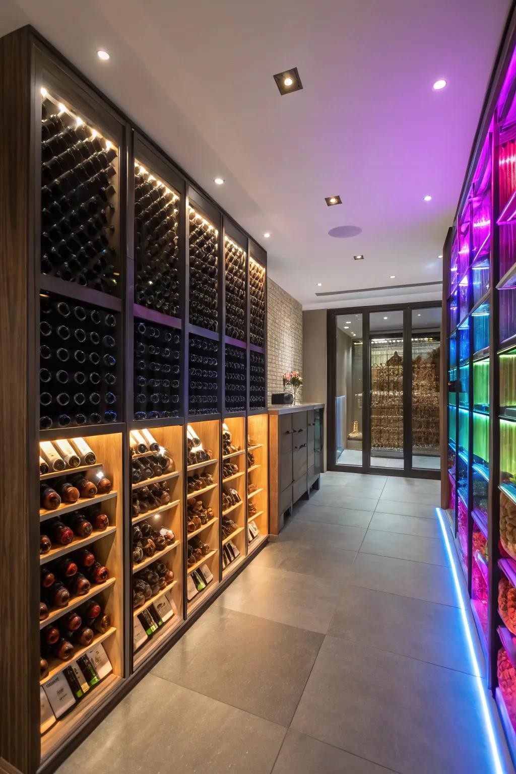 Color-changing LEDs adding a dynamic mood to the wine room.