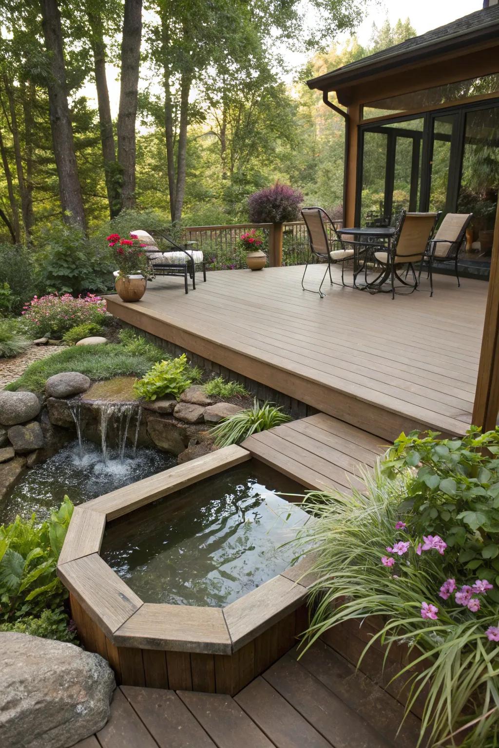 A soothing water feature enhancing the deck's ambiance.