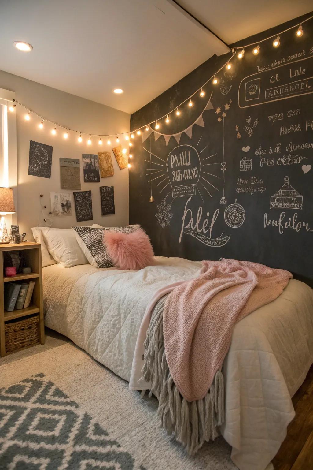 Chalkboard paint on the accent wall turns the bedroom into a creative space.