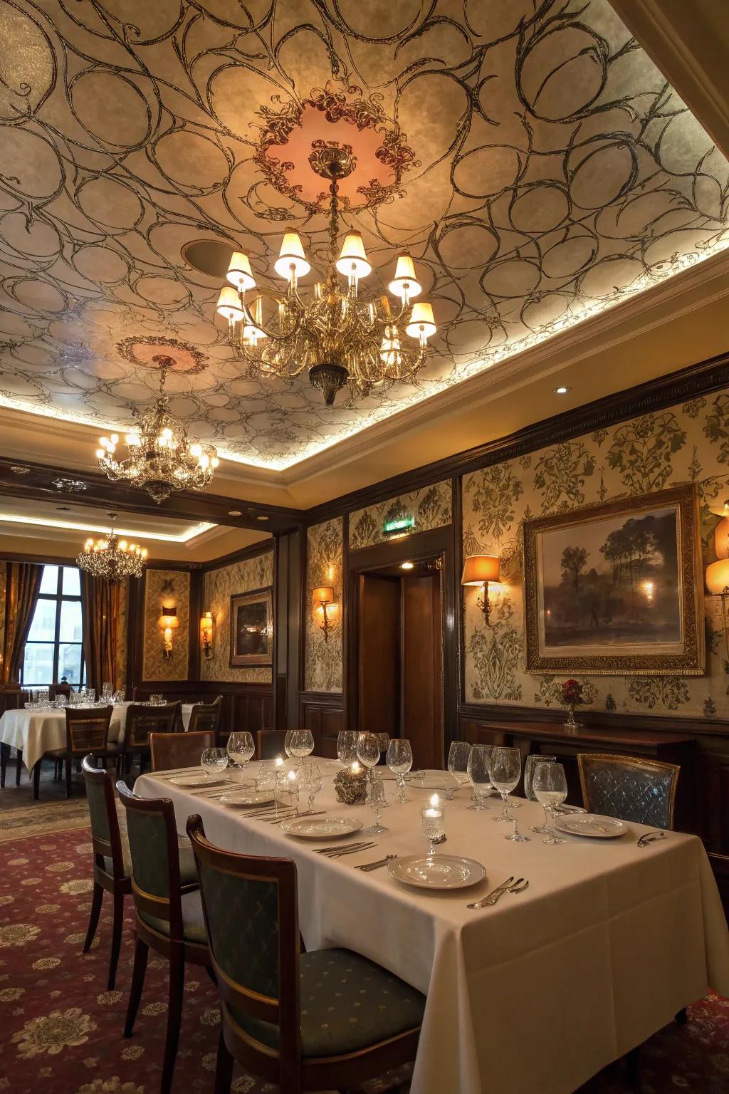 A dramatic ceiling wallpaper adds unexpected flair to a dining room.