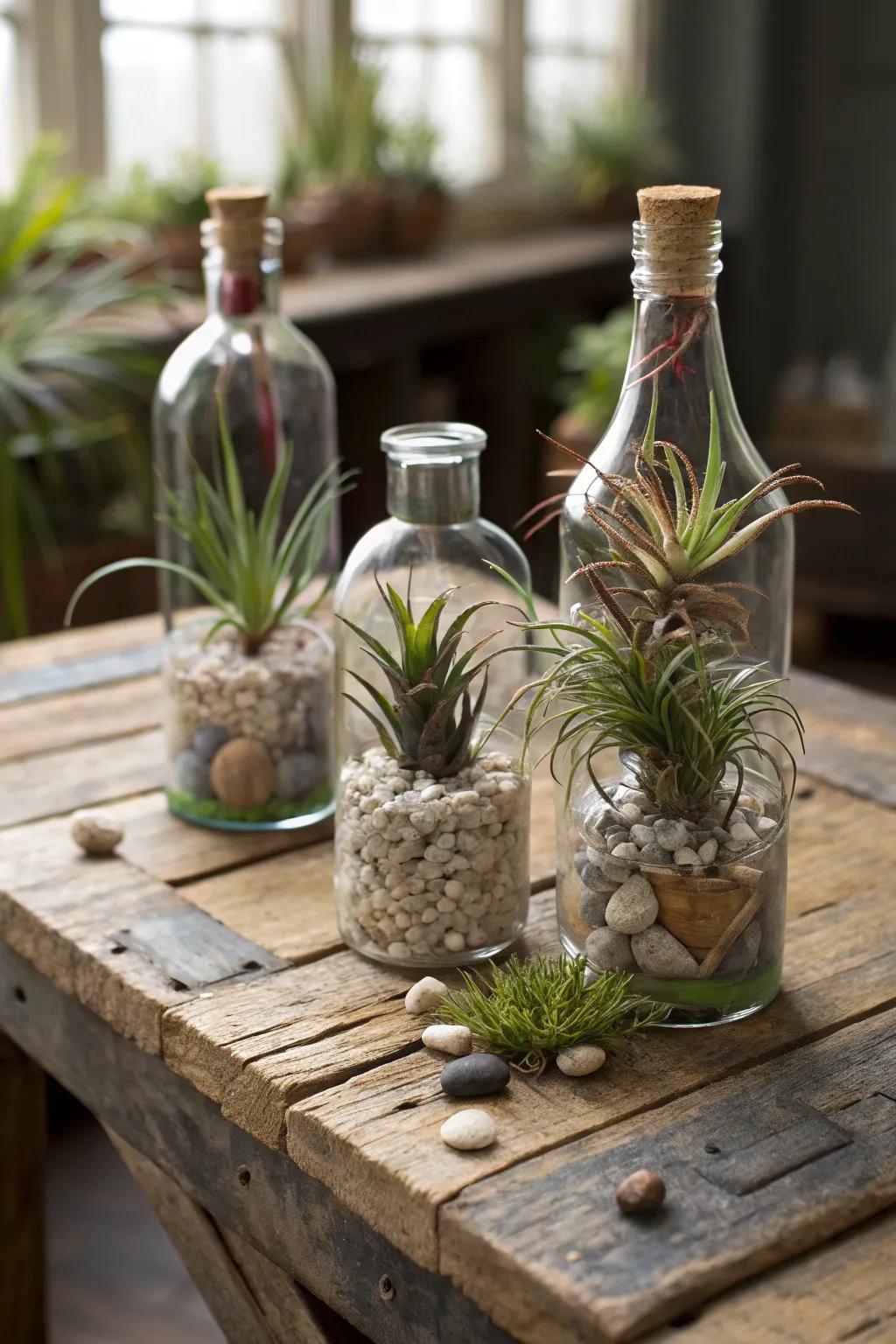 Repurposed glass bottles form charming air plant displays.